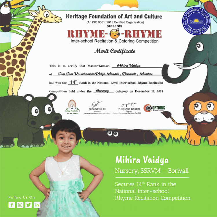 SSRVM – Borivali secured 14th rank among 120 schools in the National Level Inter-school Rhyme Recitation Competition